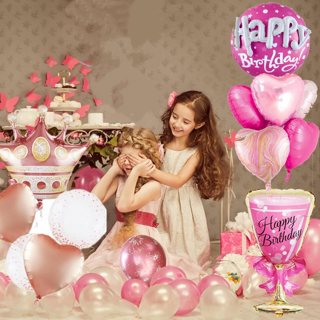 Rose Gold Crown Mylar Balloons - Large Round Pink Birthday Decorations for Women