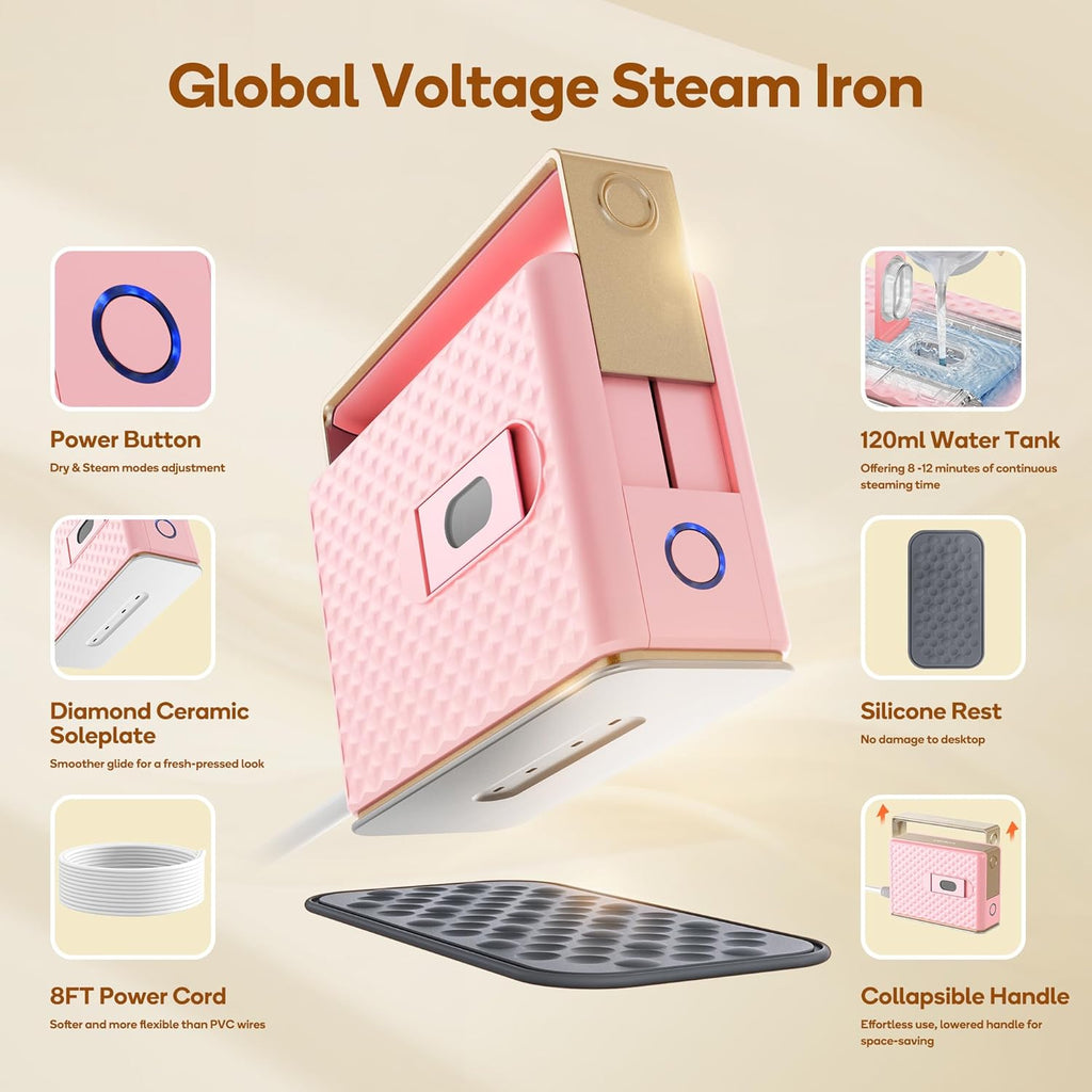 Newbealer Travel Steam Iron - Handheld Steamer with Non-Stick Ceramic Soleplate | Global Voltage, Pink