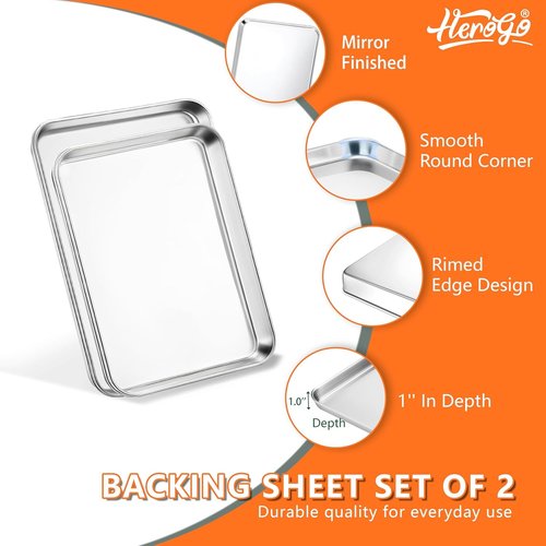 Herogo Stainless Steel Baking Sheet Pan Set - Non-Toxic, Heavy-Duty Bakeware | 2-Pack Small & Medium