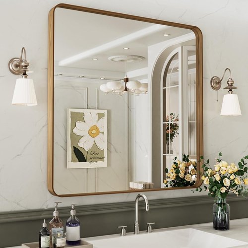 LOAAO Bathroom Mirror - 38X38 Inch Rounded Rectangle with Wood Grain Metal Frame | Anti-Rust, Versatile Hanging Options
