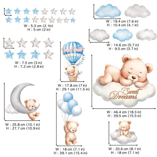 DECOWALL SG2-2407 Sweet Dream Bear Wall Stickers Decals Baby Room Décor Nursery Boy Wallpaper Decorations Home Blue Moon Stars Teddy Peel and Stick Bedroom Playroom Sleeping Cloud