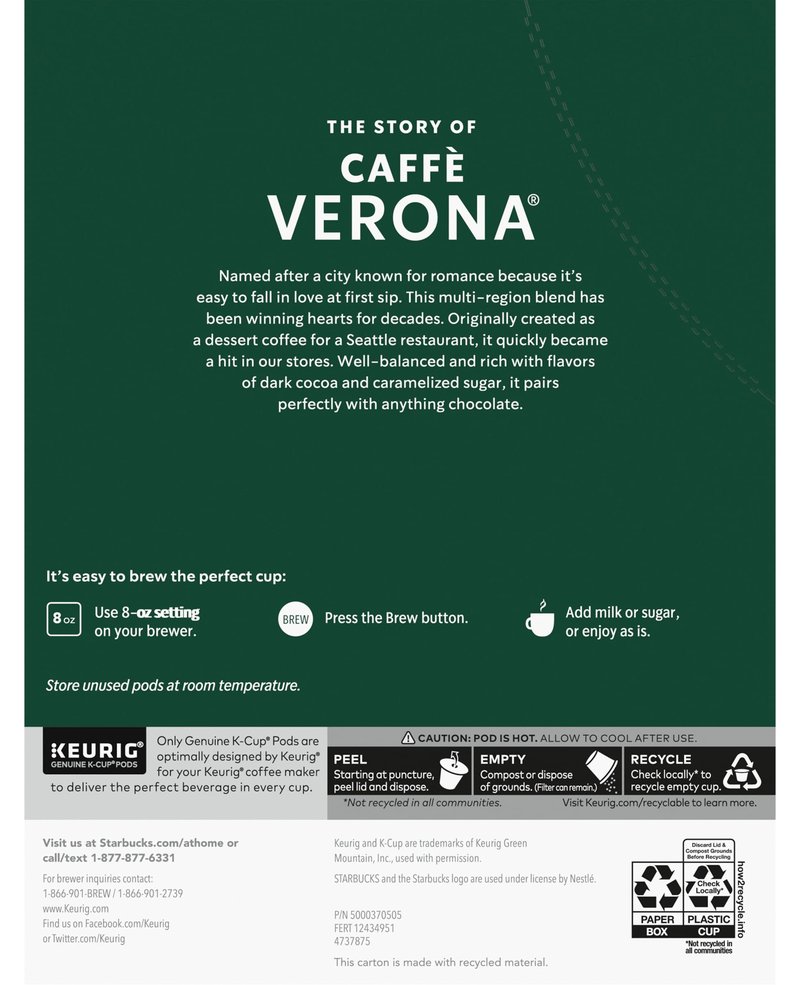 Starbucks Coffee K-Cup Pods, Caffè Verona, Dark Roast Coffee, Notes of Dark Cocoa & Caramelized Sugar, Keurig Genuine K-Cup Pods, 24 Count (Pack of 2)