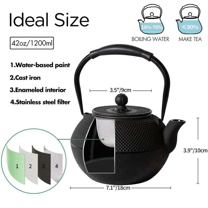 GUANGHEIRON Cast iron Teapot, Tea Kettle for Stovetop Safe with Stainless Steel Infuser, Japanese Hand-made Tea Pot Coated with Enameled Interior for 42oz, 1200ml Black