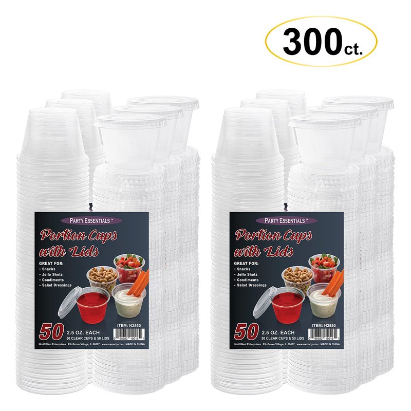 Party Essentials Squeezable Plastic Gelatin/Jello Shot Glasses/Portion Souffle Cups/Condiment Sauce Containers with Lids, 300 Sets, 2.5 oz. Clear