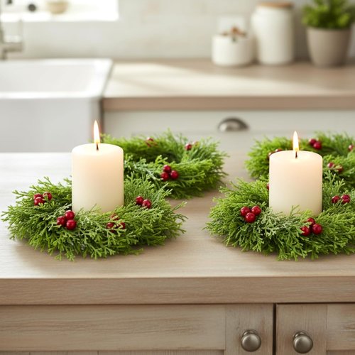Knitgrip 8 Pcs Small Christmas Wreaths with Red Berry 8.27" Artificial Cedar Candle Rings Holder Mini Wreaths for Cabinets Christmas Holiday Table Centerpiece Window Chair Decor