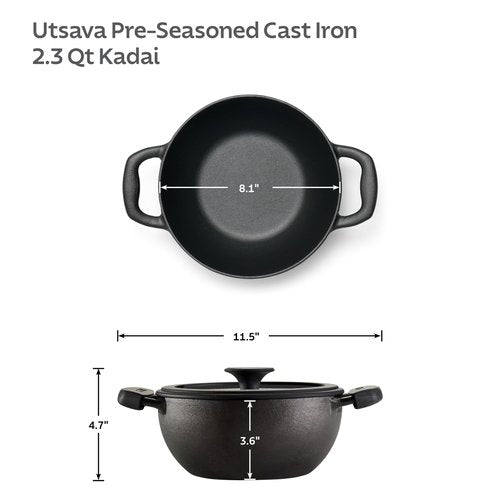 Tramontina Utsava 2.3-Quart Pre-Seasoned Cast Iron Kadai with Lid, Small Kadhai Pot for Indian Cooking