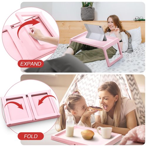 6 Pieces Breakfast in Bed Tray with Foldable Legs,26.8"x14" Bed Table Tray with Handles Serving Breakfast Tray for Couch Snack Sofa Home Sleepover Slumber Party (Pink)
