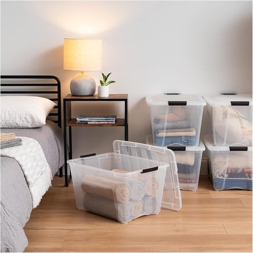 IRIS USA 54 Qt Stackable Plastic Storage Bins - BPA-Free, Durable Lids, 12 Pack - Clear Organizing Solution