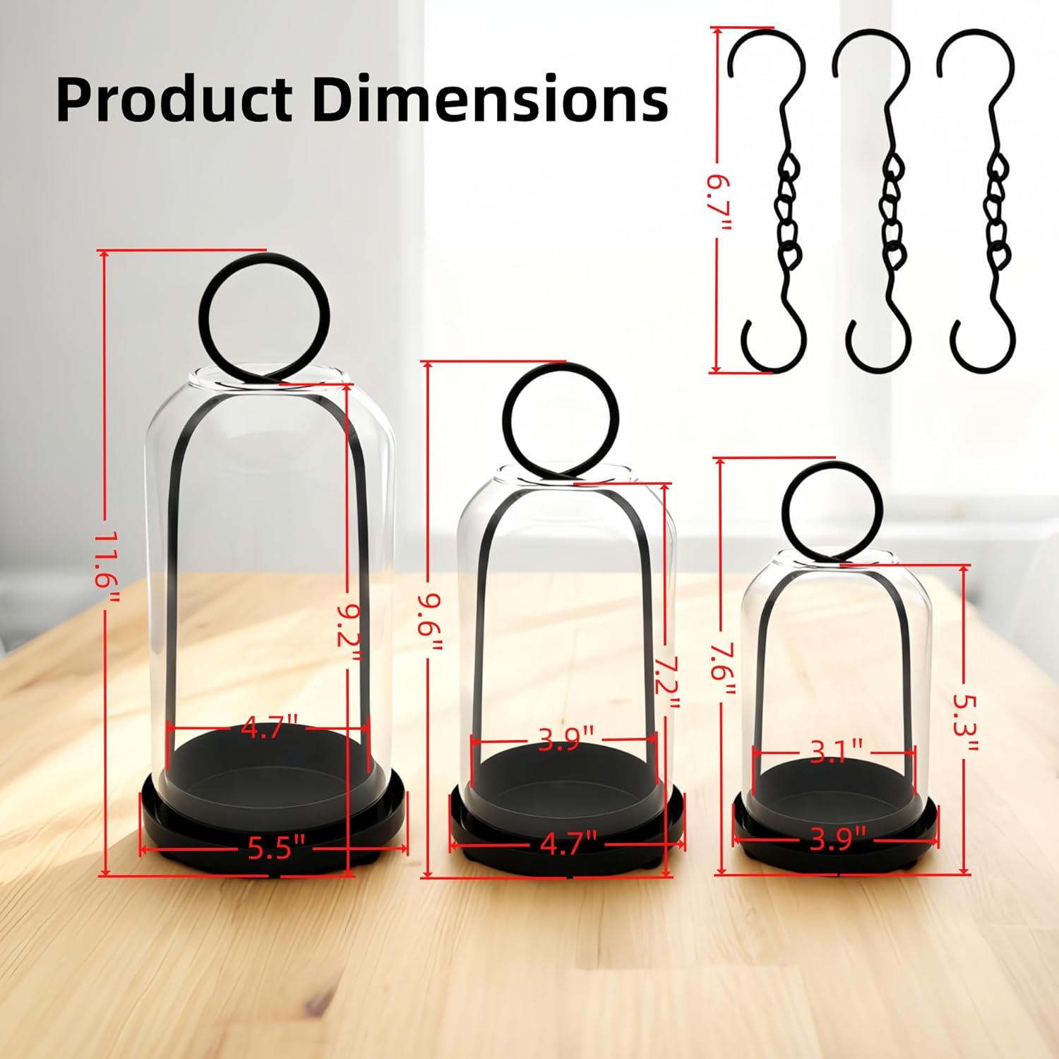 Skiennix Metal Candle Holders Set - 3 Pack with Glass Domes | Versatile Black Candlestick Holders (5.5", 4.7", 3.9")