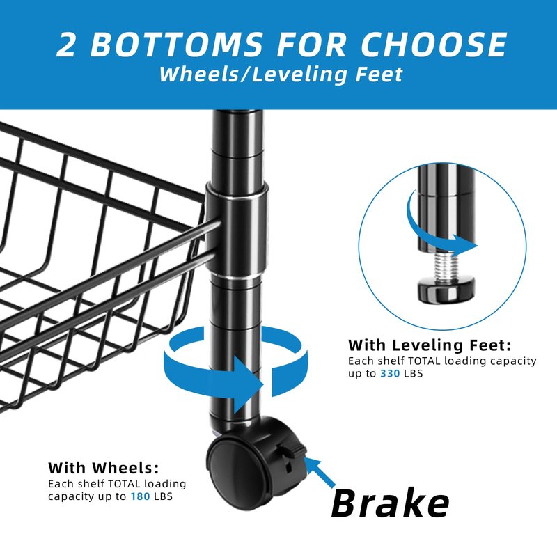 Guan River 3 Tier Rolling Cart Service Cart Wire Basket Shelf Storage Trolley Shelf 2 Bottoms for Choose(Castor or Leveling Feet) for Office,Kitchen,Black(23.23" L x 13.11" W x 32.28" H)