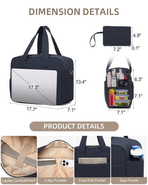 Lunch Tote Bag for Women Work, 17.3 Inch Laptop Purse with Insulated Lunch Compartment Coin Wallet for Meal, Large Puffy Quilted Travel Duffle Bag Blue