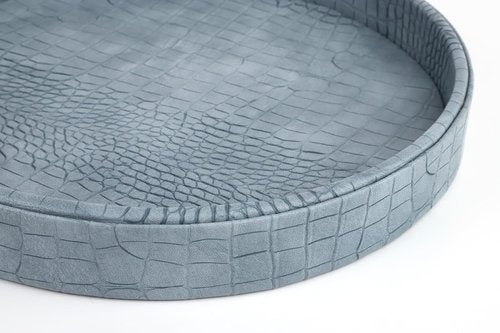 HofferRuffer Faux Leather Round Serving Tray, Vegan Croco Leather Decorative Tray, Food Tray for Storage Drinks, Snack & Cosmetics, Dia.12'' x 1.6'' (LightBlue)