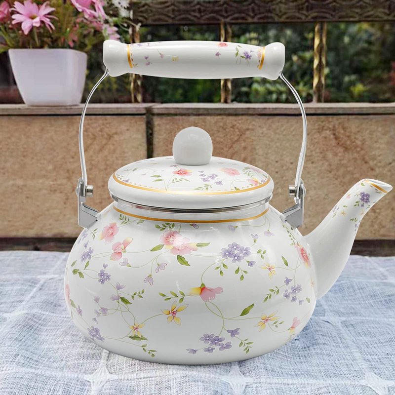 Saihisday Floral Teapot Enamel Afternoon 2.5L Tea Kettle For Stovetop, Large Flowered Tea Kettle with Ceramic Handel for Afternoon Tea Wedding Party Housewarming Gift
