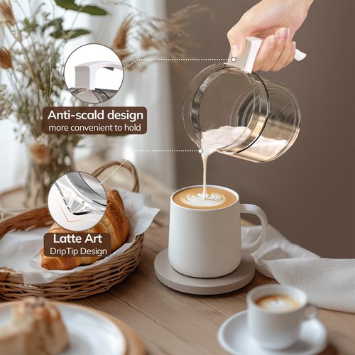 Electric Milk Frother and Steamer, 16.9oz/500ml Milk Steamer and Frother for Latte, Dishwasher Safe, BPA Free, 4 Functions, Enjoy Perfect Milk Froth in 2 Min - White