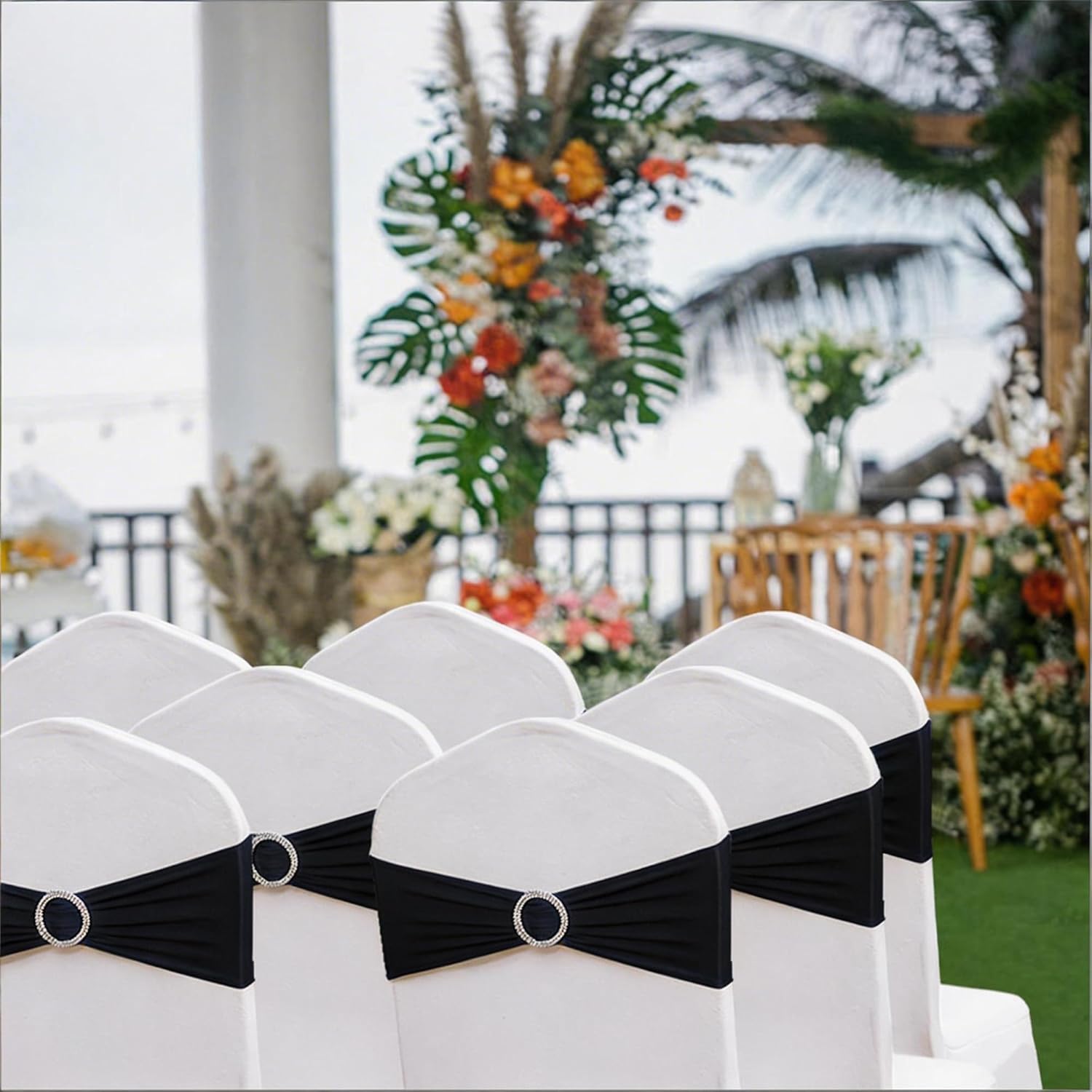 Skiennix 50-Pack Black Spandex Chair Sashes - Elegant Buckle Design for Weddings & Events