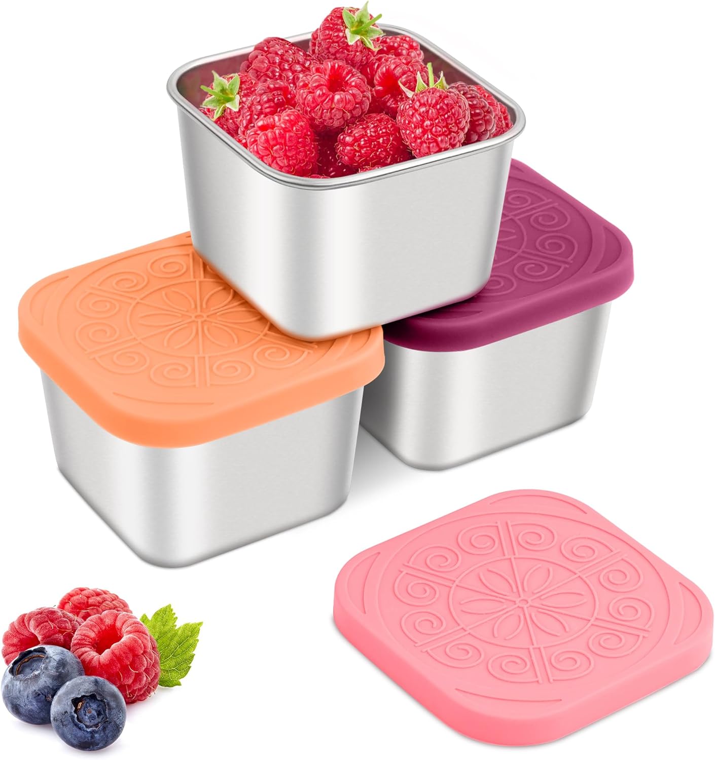 Qukaka Stainless Steel Snack Containers - Leak Proof & Easy Open - 7.2oz Reusable Lunch Box | 3-Pack