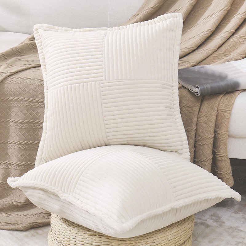 Puncuntex Corduroy Cream White Throw Pillow Covers 18×18 Inches Set of 2 Boho Decorative,Super Soft Cozy Striped Cushion Covers for Couch,Sofa,Farmhouse,Living Room,45×45CM