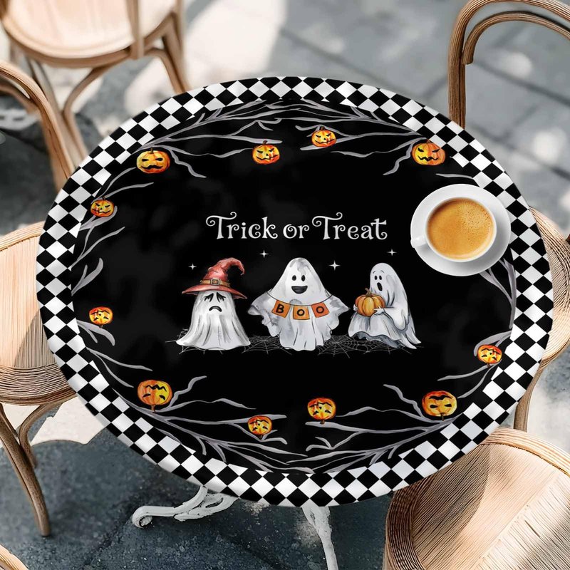 Halloween Fitted Tablecloth for Round Table,Trick Or Treat Quotes Table Cover with Elastic Edge Waterproof Table Cloth,Pumpkin Ghost Face Black White Plaid Table Covers for Kitchen Indoor 45-54in
