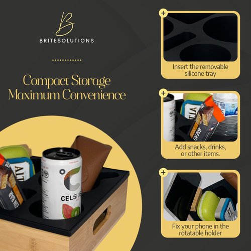 Bamboo Couch Cup Holder – 100% Wood Frame & Removable BPA-Free Silicone – Waterproof Anti-Spill Couch Tray & Couch Caddy for Bed, Sofa & Car Seat – Holds Snacks, Beverages & Remote