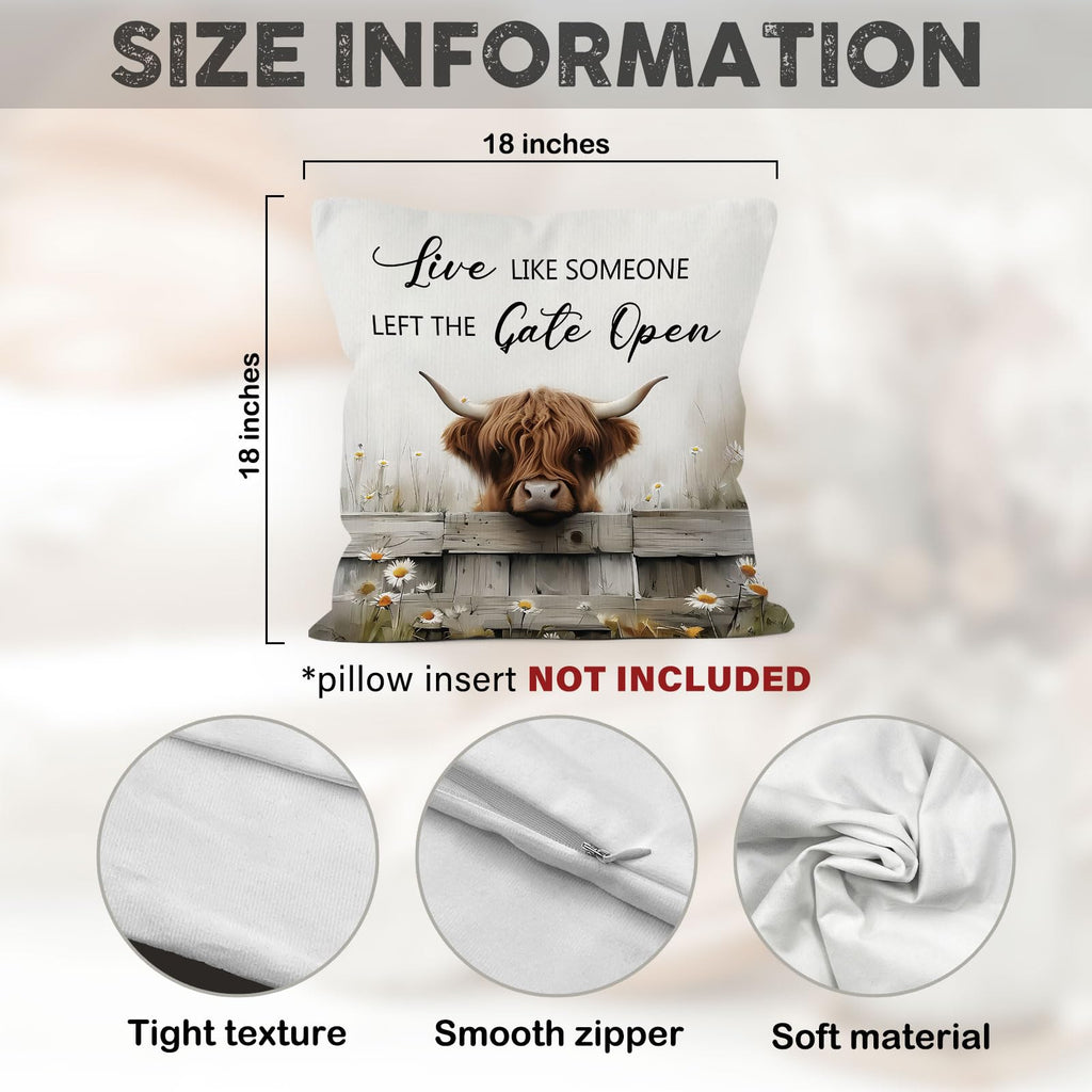 MONALET Highland Cow Farmhouse Throw Pillow Covers 18x18, Live Like Someone Left The Gate Open Decor Pillow Cases for Bedroom Living Room, Rustic Hyland Highland Cow Gifts Pillowcases for Couch Bed