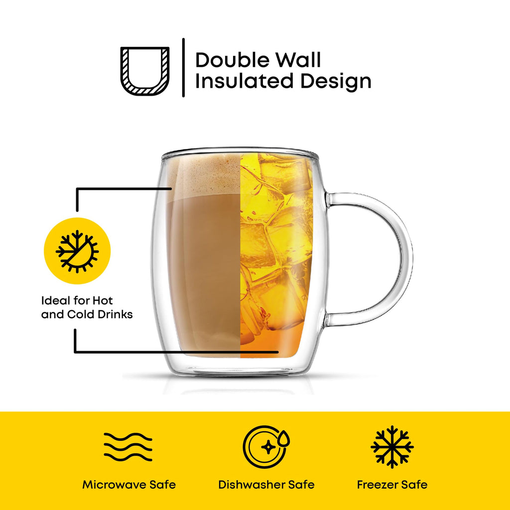 JoyJolt Double Wall Glasses 13.5-Ounce Insulated Mugs Double Walled Glass Cups For Coffee Tea Set of 2