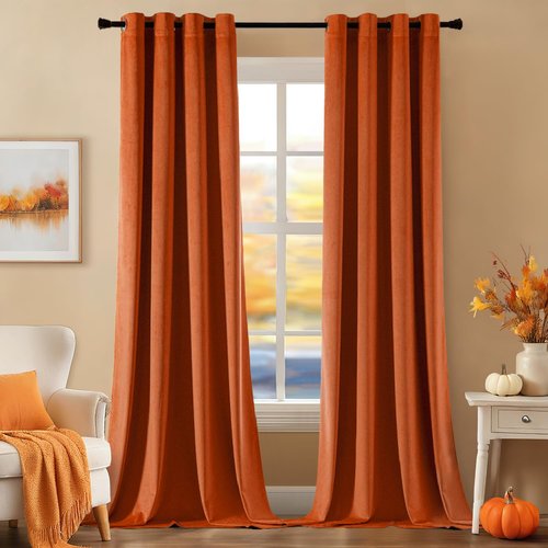 EMEMA Fall Burnt Orange Velvet Blackout Curtains 96 inches Long, Super Soft Luxury Thermal Insulated Curtains for Bedroom, Grommet Soundproof Elegant Window Drapes for Living Room W52 x L96 2 Panels