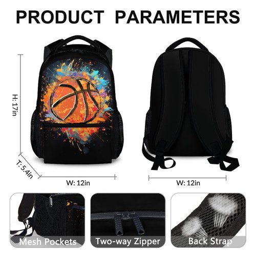 Boys School Backpack Kids Basketball Backpacks Bookbag Back to School Supplies, Black Large Capacity Cool Sport Back Pack for Kindergarten Elementary Middle (17 Inches)