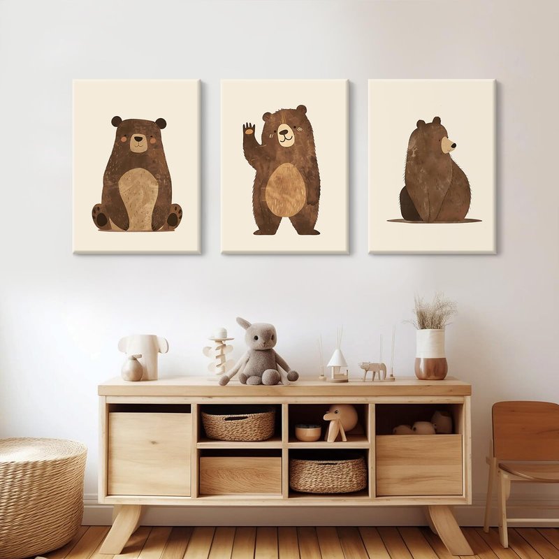 Nursery Wall Art Baby Canvas Pictures Bear Wall Decor Boys Room Prints Kids Poster Cute Animal Theme Pictures Woodland Bear Painting Neutral Children Artwork for Bedroom 16x24 Inch Ready to Hang