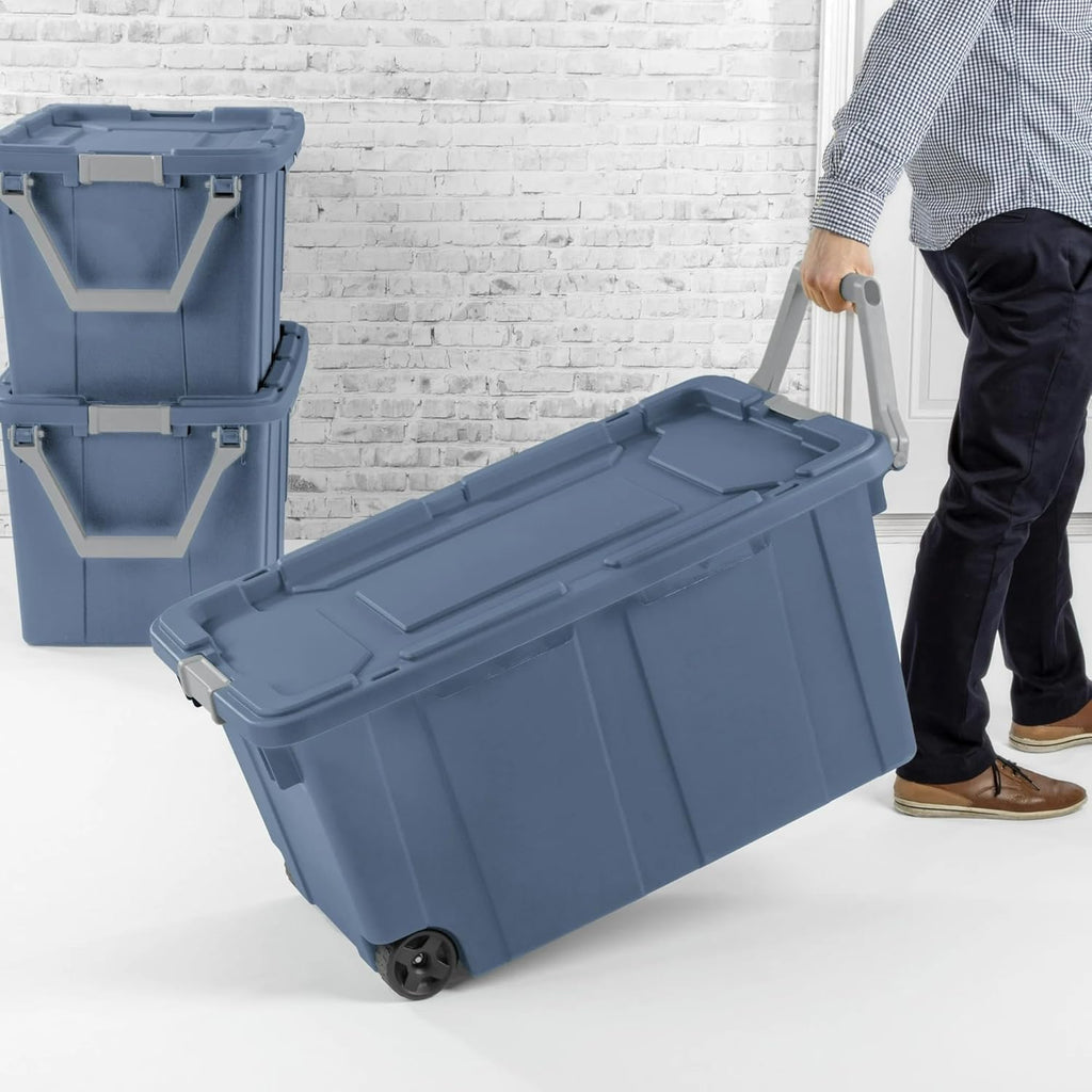 Skiennix 40 Gallon Rolling Storage Bin - Tough Stackable Tote with Lids | Blue Moonlight 2-Pack