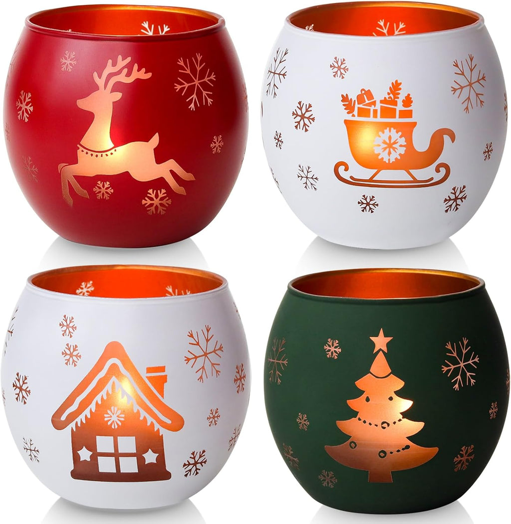 Skiennix Christmas Candle Holders - Set of 4 Frosted Glass Tealight Votives | Holiday Table Centerpiece (Red, Green, White)
