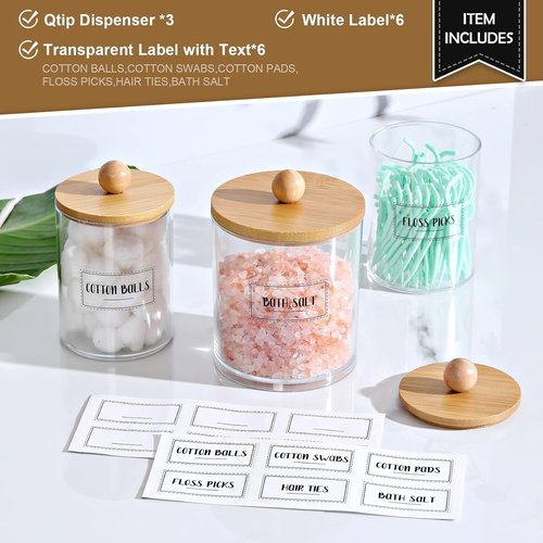 Apothecary Jar Qtip Holder Dispenser Set - 3 Pack Bamboo Lids for Stylish Vanity Organization