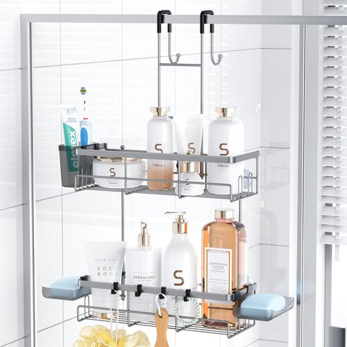 Aitatty Hanging Shower Caddy - Rustproof Over-Door Organizer | No-Drill Bathroom Rack in Silver