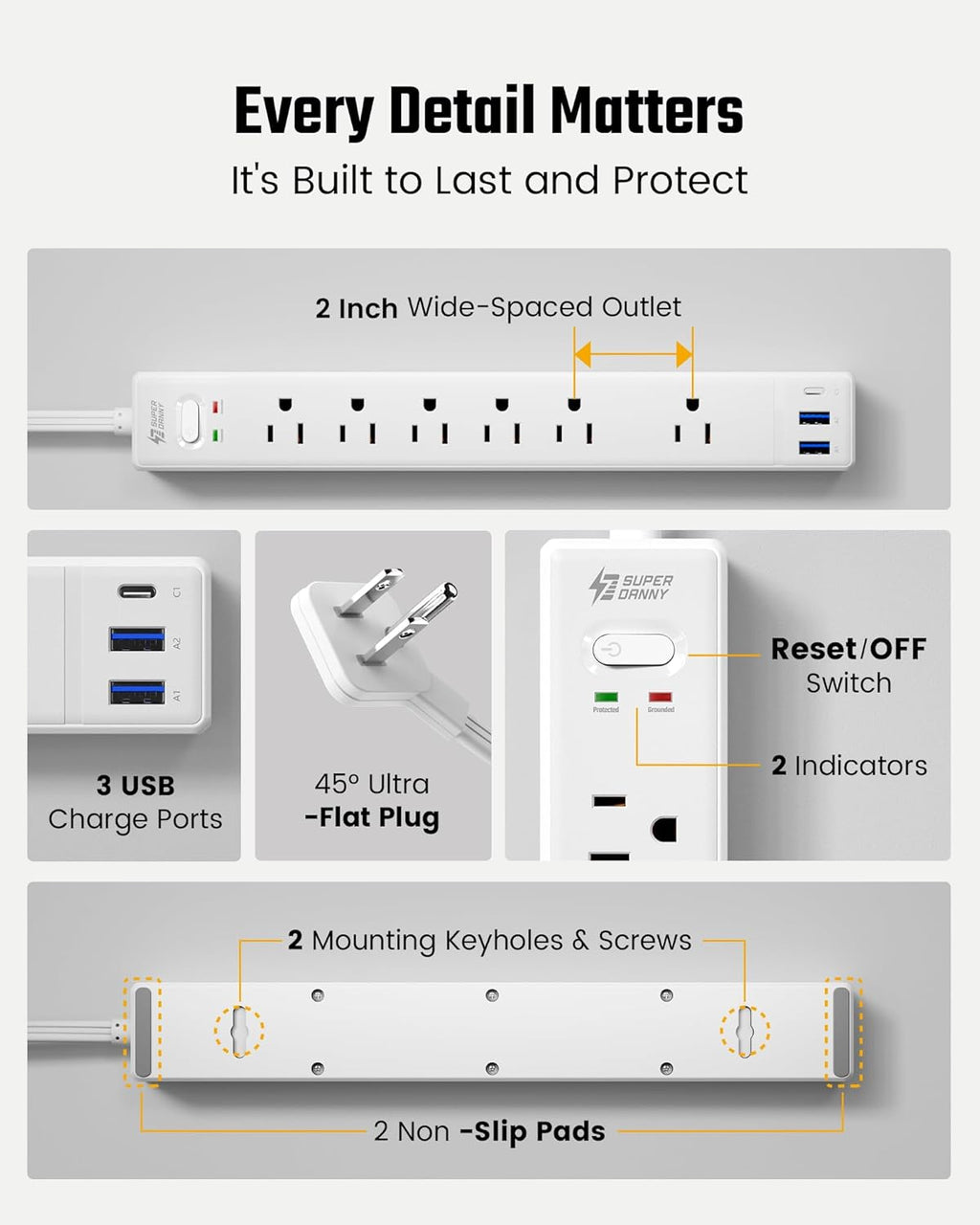 SUPERDANNY 10Ft Extension Cord - Flat Plug Surge Protector with 6 Outlets & 3 USB Ports | Ideal for Home Office & Dorm Room Essentials