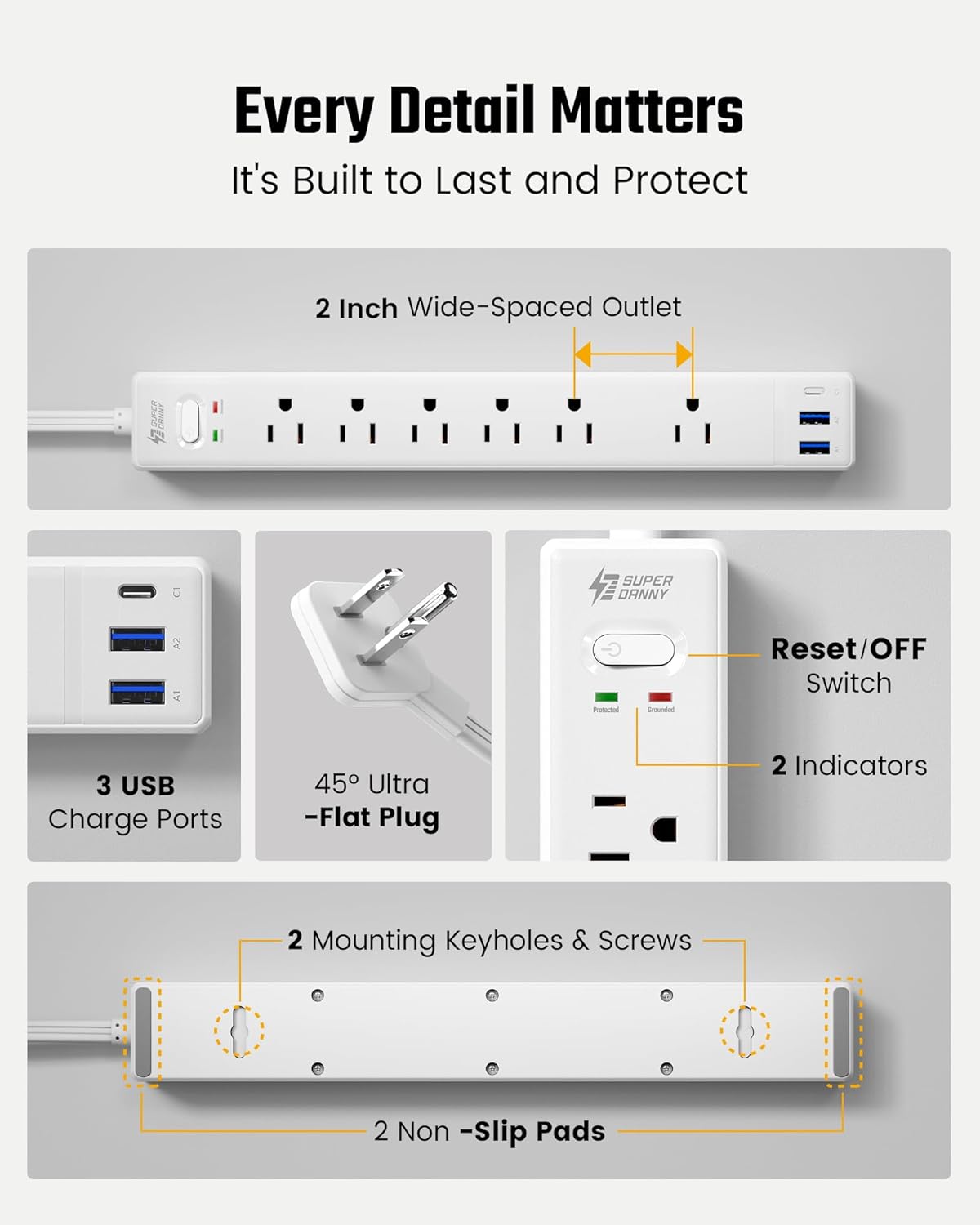 SUPERDANNY 10Ft Extension Cord - Flat Plug Surge Protector with 6 Outlets & 3 USB Ports | Ideal for Home Office & Dorm Room Essentials