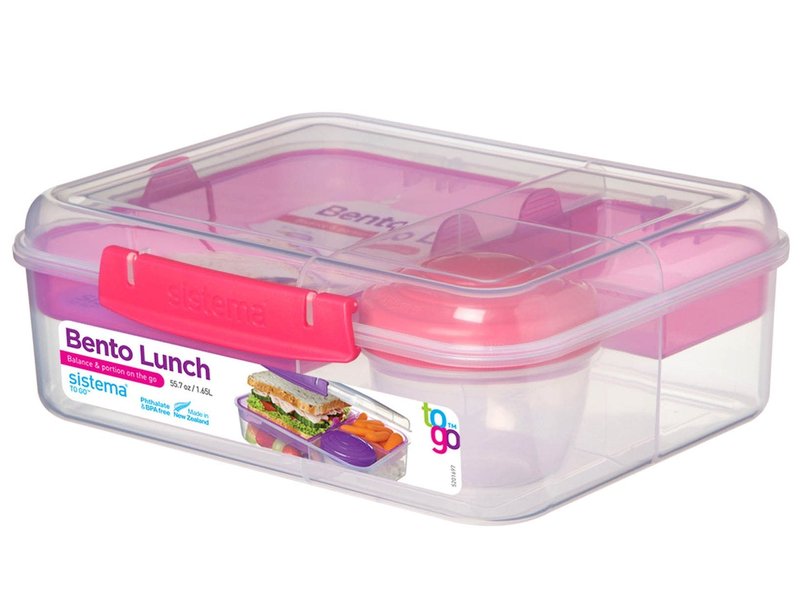 Sistema Bento Box Adult Lunch Box with 2 Compartments, Sandwhich Container, and Salad Dressing Container, Dishwasher Safe, Color May Vary