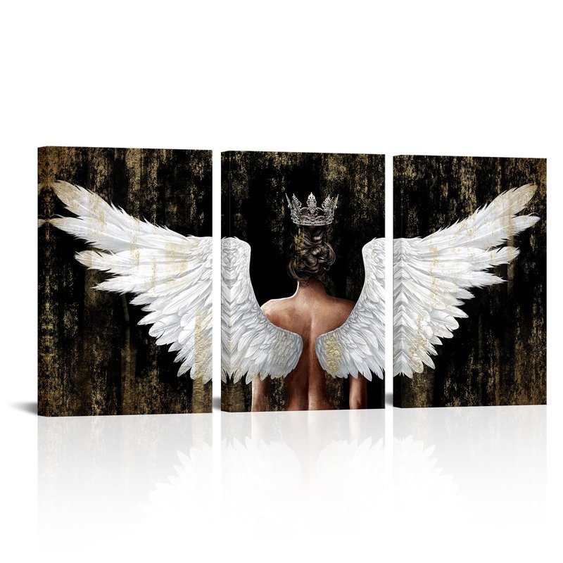 OuElegent Gold And Black Angel Wings Wall Art Canvas Prints Girl Wearing Crown Contemporary Artwork for Living Room Bedroom Decor Framed 16"x24"x3pcs (Black, Medium)
