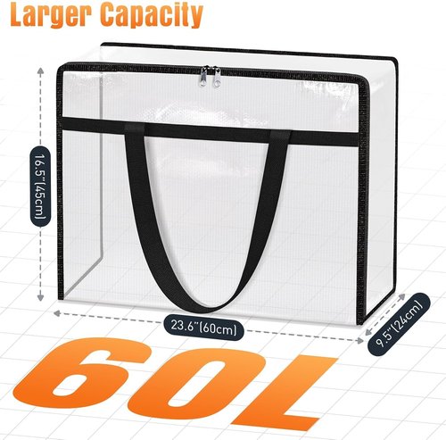 Clear Under Bed Storage Containers - 4 Pack Large Capacity Bags with Lids & Sturdy Handles | Foldable Clothing Organizer Totes (60L)