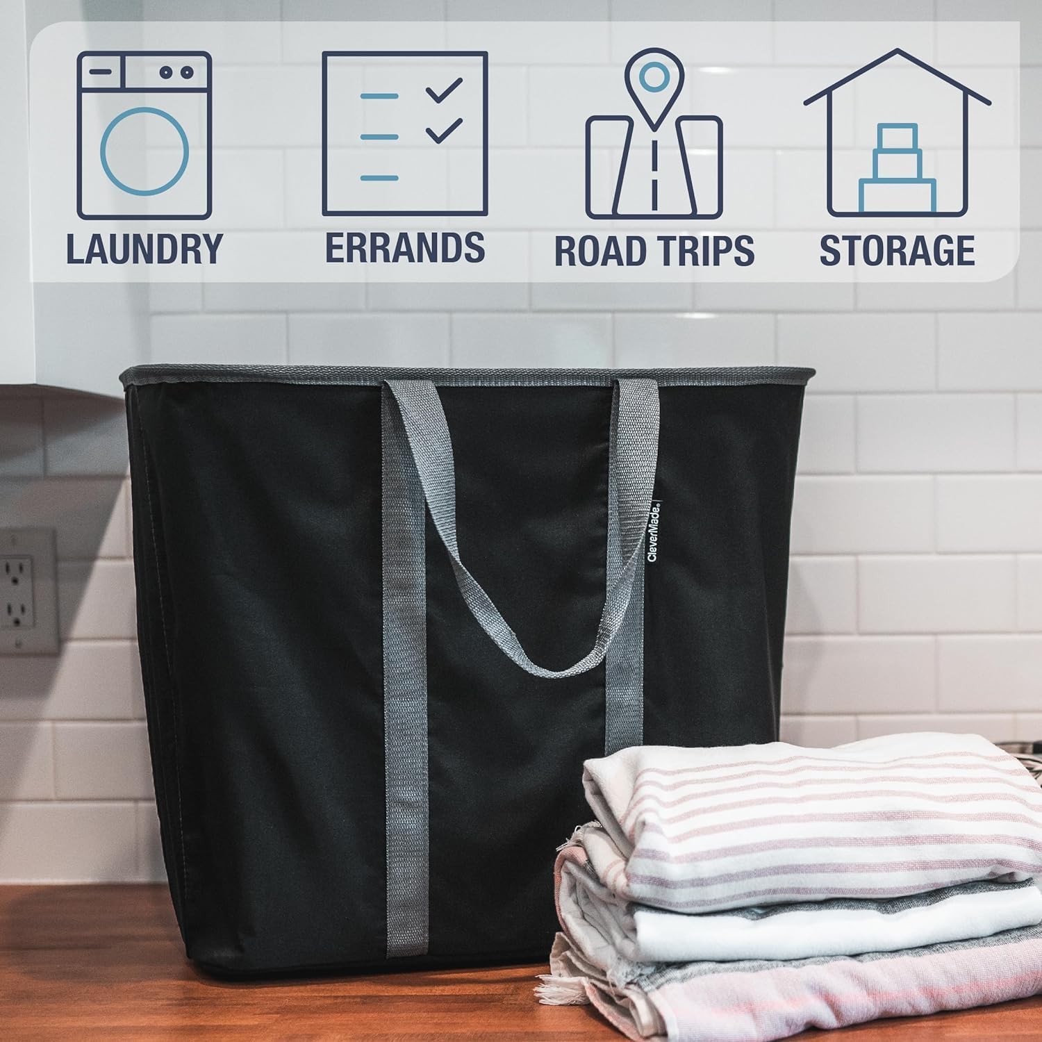 CleverMade Collapsible Laundry Caddy – Foldable Laundry Hamper & Tote, XXL 64L Pop-Up Laundry Basket with Handles, Space-Saving Laundry Organizer for Home, Dorm, Closet & Travel, 2 Pack - Denim Gray