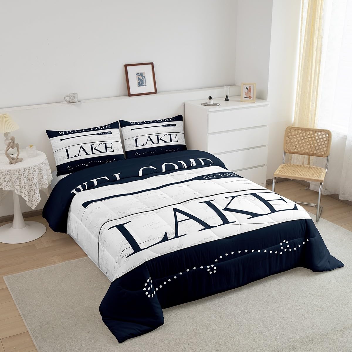 Castle Fairy Lake House Themed Comforter Set Twin Size,Go Boating Paddle Lake Time Bedding Set for Kids Boys Men,Retro Navy White Wooden Board Quilted Duvet Set with 1 Pillowcase