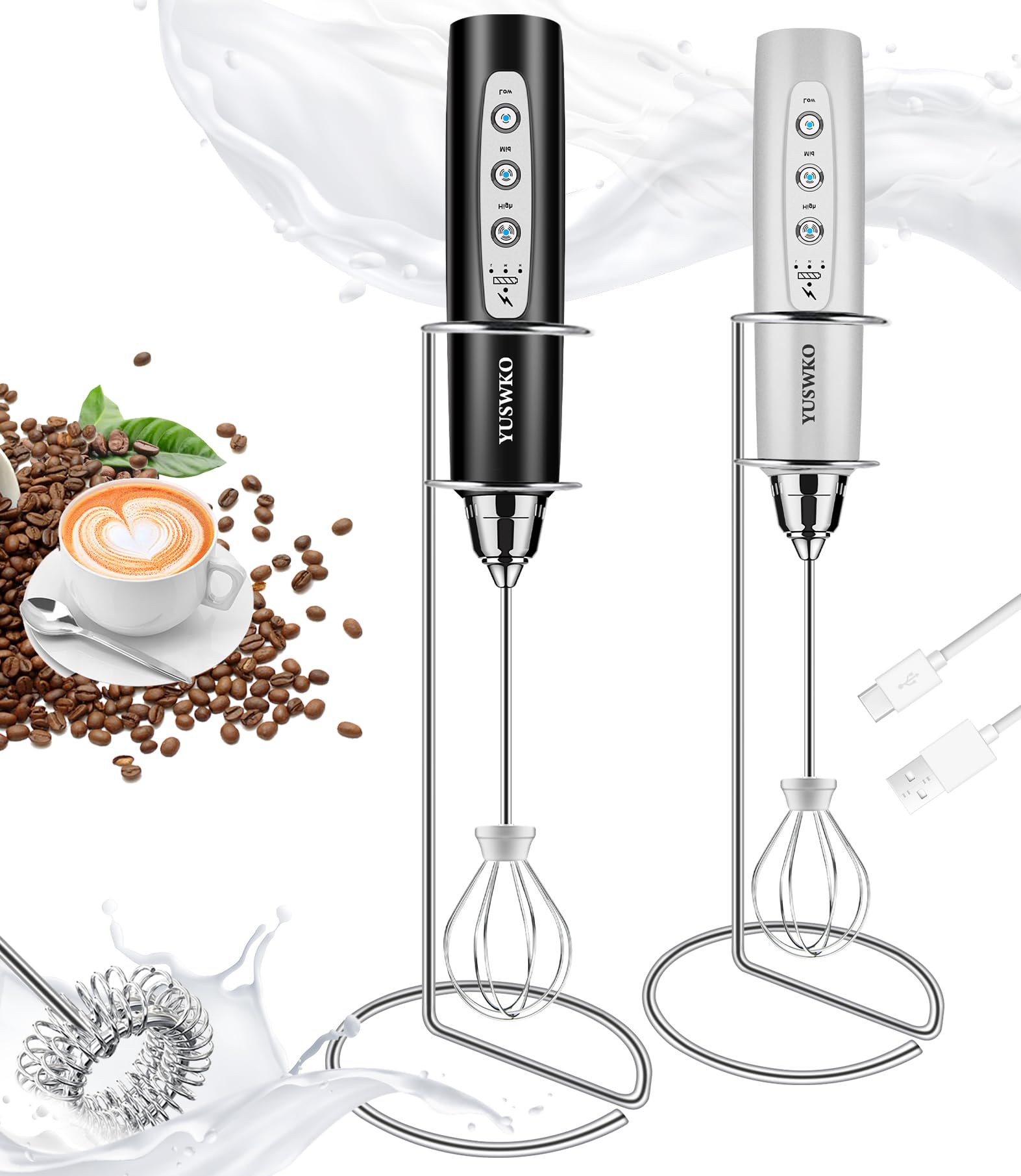 YUSWKO Rechargeable Milk Frother for Coffee with Stand, Handheld Drink Mixer with 3 Heads 3 Speeds Electric Stirrers for Latte, Cappuccino, Hot Chocolate, Egg