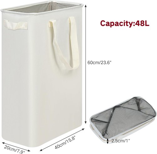 Efluky Slim Laundry Basket - Collapsible Narrow Hamper with Handles | 12.7 Gallons (48L) Beige