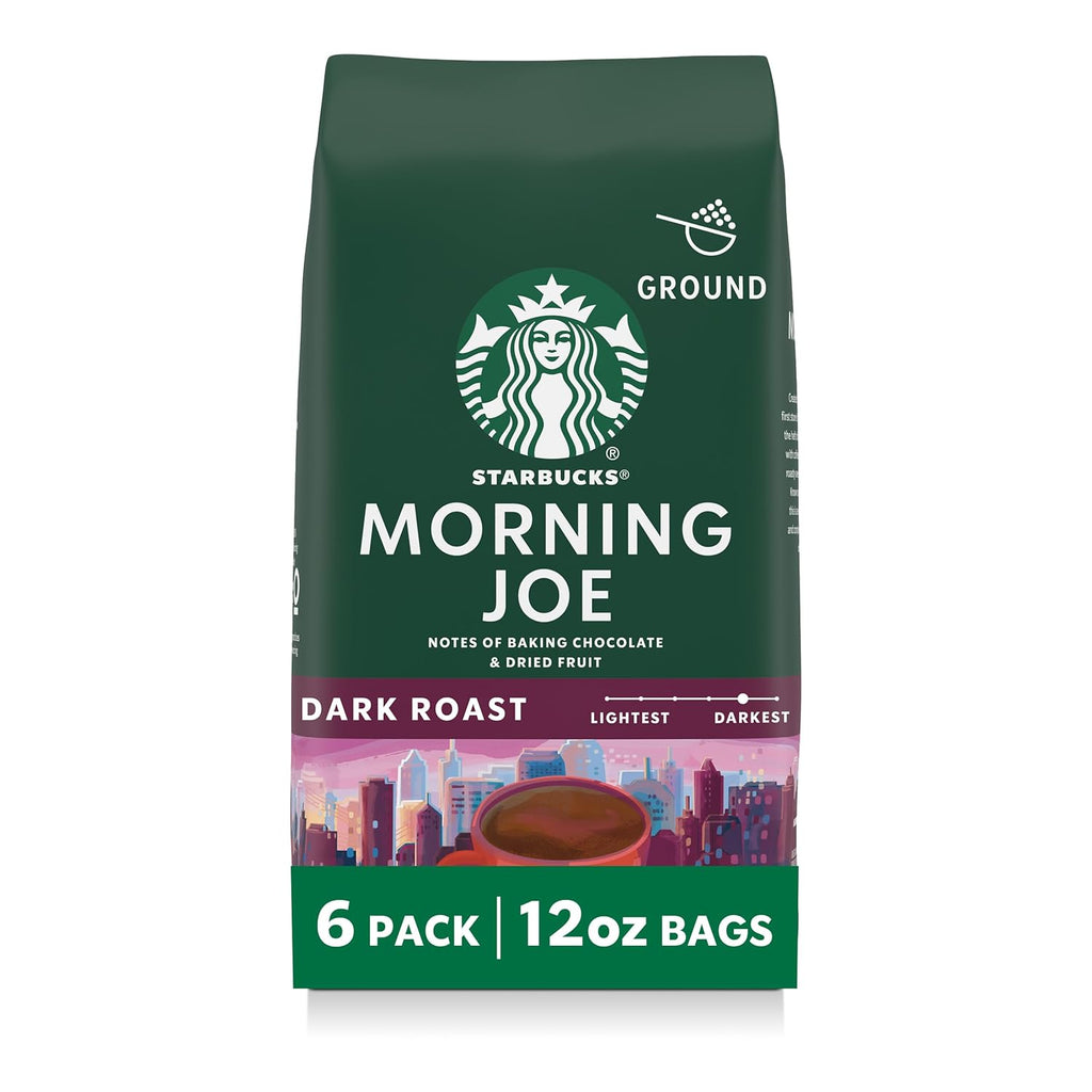 Starbucks Ground Coffee - Dark Roast for Hot or Iced Beverages | Six 12 oz Bags of Morning Joe