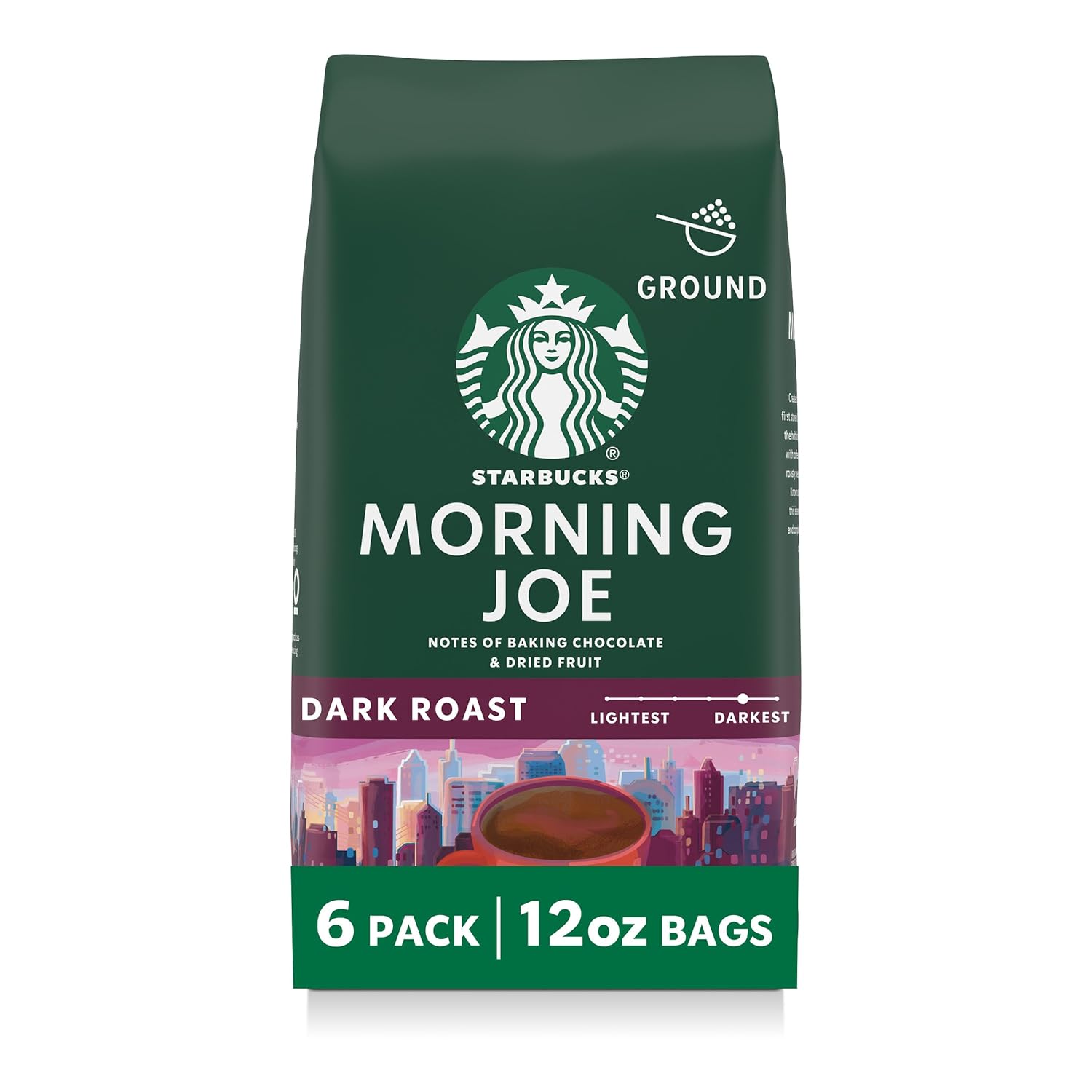 Starbucks Ground Coffee - Dark Roast for Hot or Iced Beverages | Six 12 oz Bags of Morning Joe