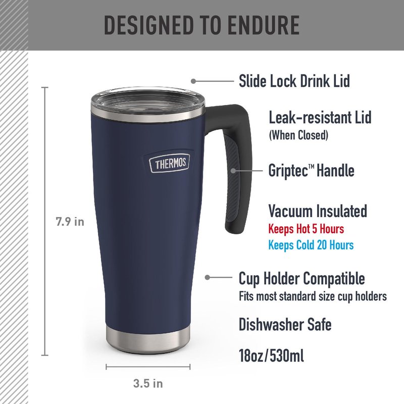 THERMOS ICON SERIES, Stainless Steel Mug with Slide Lock, 18 Ounce, Mystic Navy