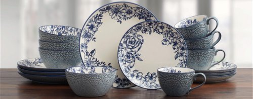 Pfaltzgraff Gabriela Blue 16-Piece Dinnerware Set, Service for 4, Durable Stoneware Plates, Bowls, and Mugs with Elegant Blue Pattern, Dishwasher Safe