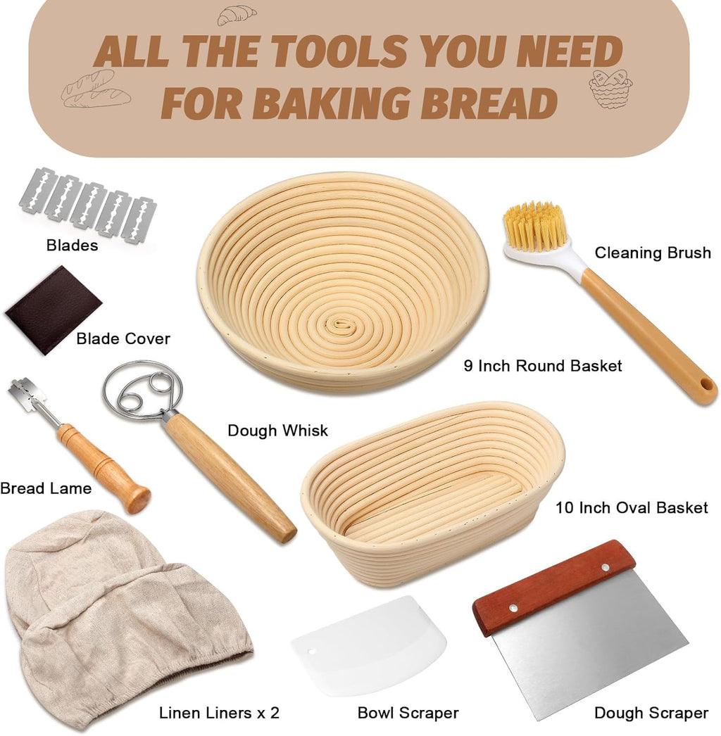 Proofing Basket Gift Set by Sourdough | 9" Round & 10" Oval Banneton with Essential Baking Tools