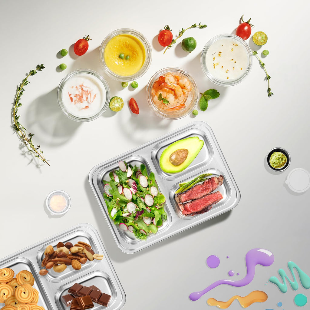 Bakpoco Stainless Steel Divided Plate for Kids Toddler, Non Toxic Portion Control Plate Dinner Plate with Lid for Adults Weight Loss, 4 Pack 3 Sections Rectangular Snack Plate Tray