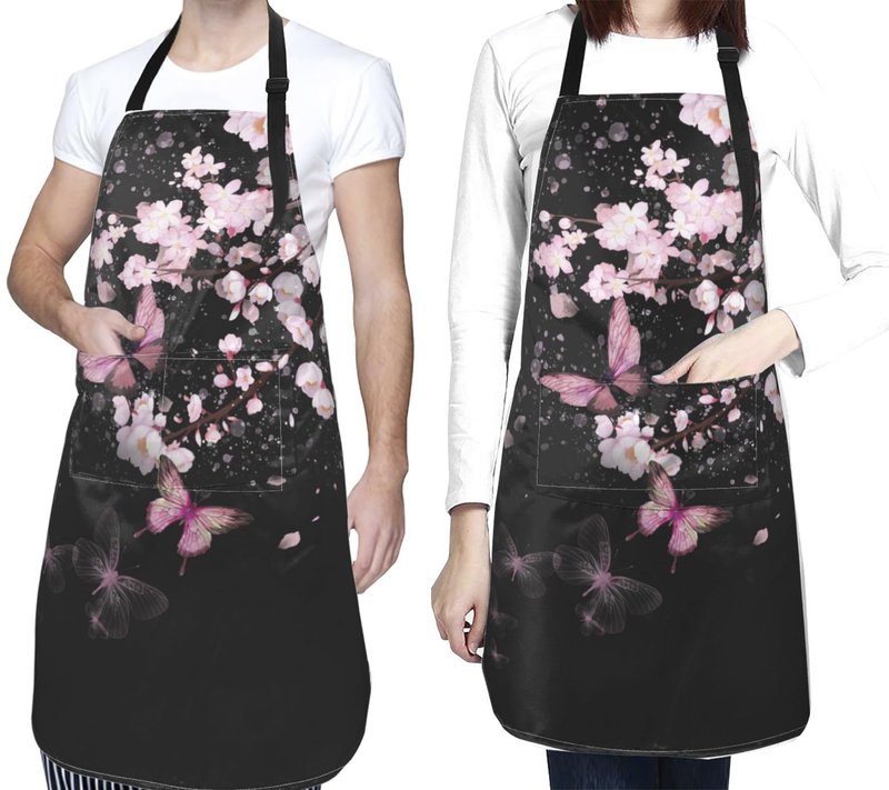 DZGlobal Cherry Blossom Apron with Pockets - Pink Flowers Black Cooking Aprons Adjustable Kitchen Bib for Men Women Chef Gardening Baking