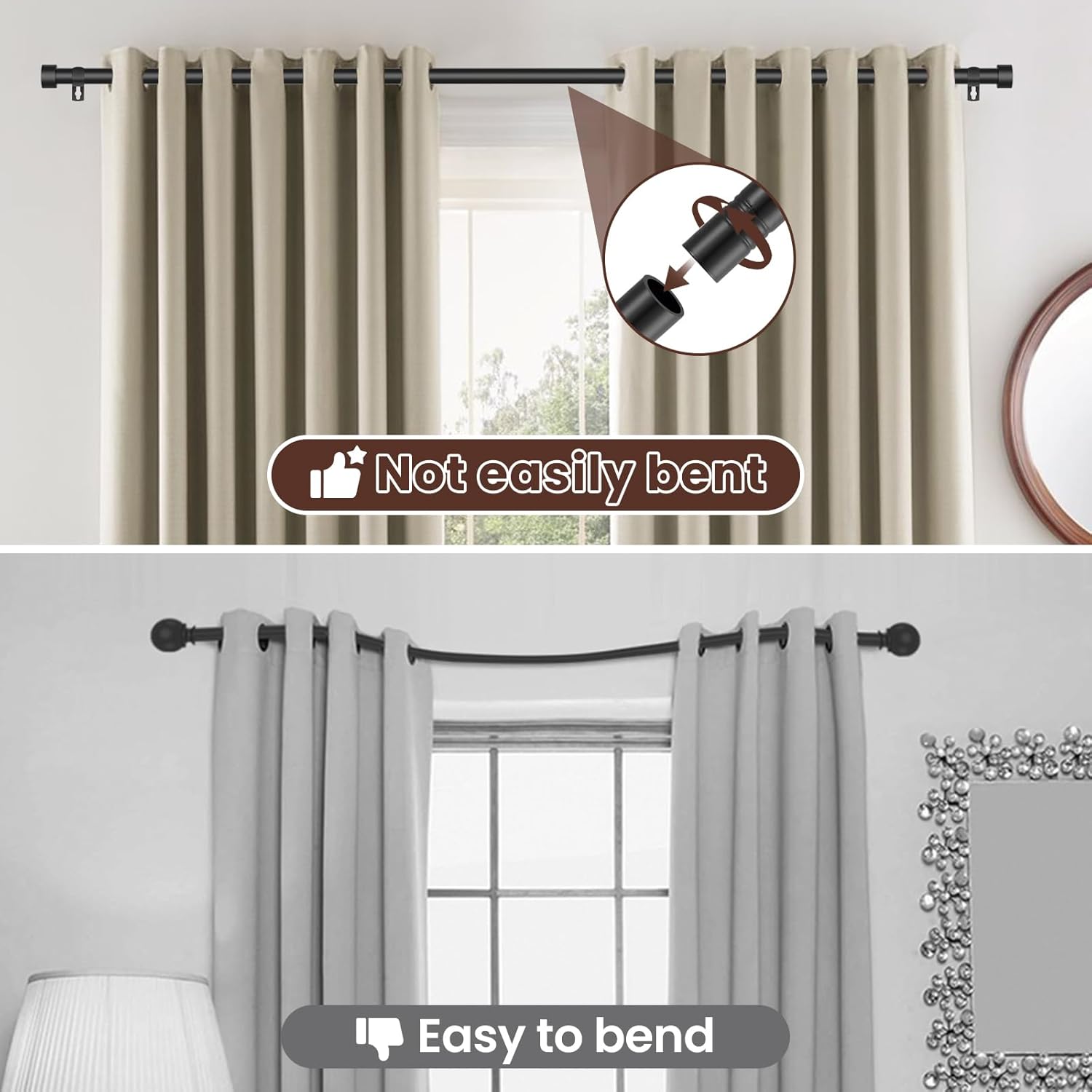 Skiennix Black Curtain Rods - Heavy Duty Metal Drapery Rods for Windows 28-48 Inch | 5/8 Inch Diameter