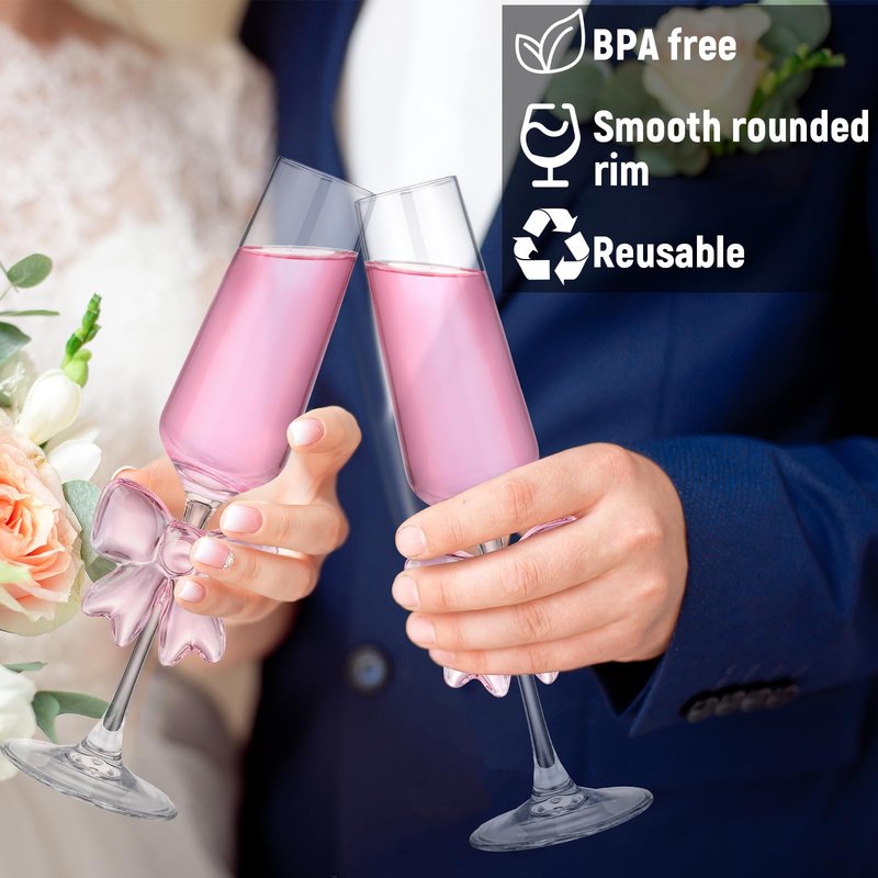 Reallnaive Wedding Champagne Flutes, 2 Pcs Pink Bow Coquette Glasses with Reinforced Stems, 8 oz Cute Feet Champagne Glasses for Wedding Engagement Bridal Shower Party Gifts(Cute Feet)